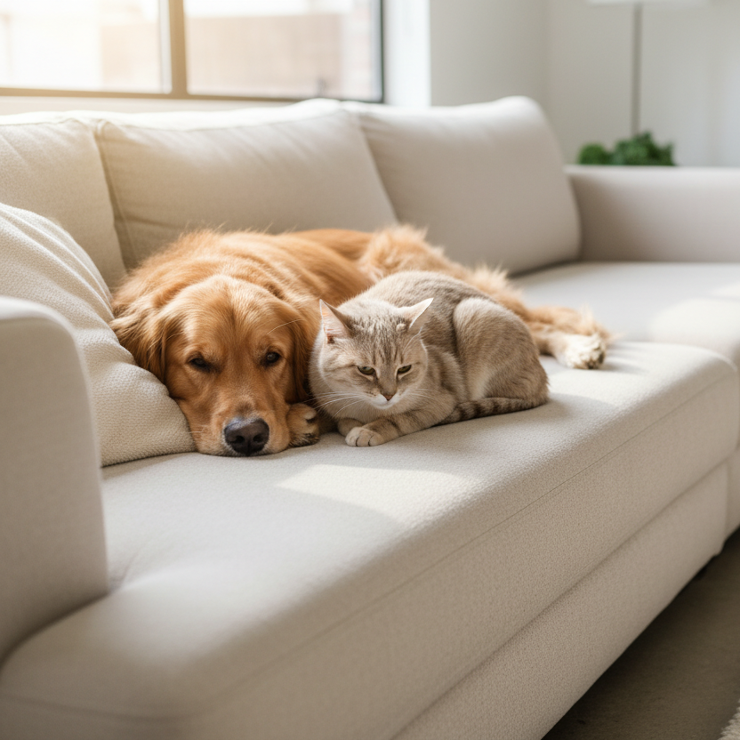 A realistic photo of a healthy dog and cat relaxing together on a clean, modern couch. Soft natural daylight from a window. Calm, cozy atmosphere. Bright neutral colors. High detail fur texture. Clean home environment. Photographed with a DSLR, shallow depth of field, no cartoon or AI artifacts